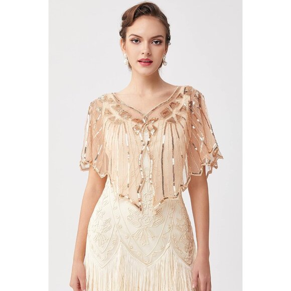 🆕 Women Gold Sequin Beaded Evening Cape Bridal Shawl Bolero Flapper Cover Up - Picture 3 of 6